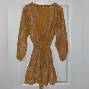 Mustard, yellow dress with flowers